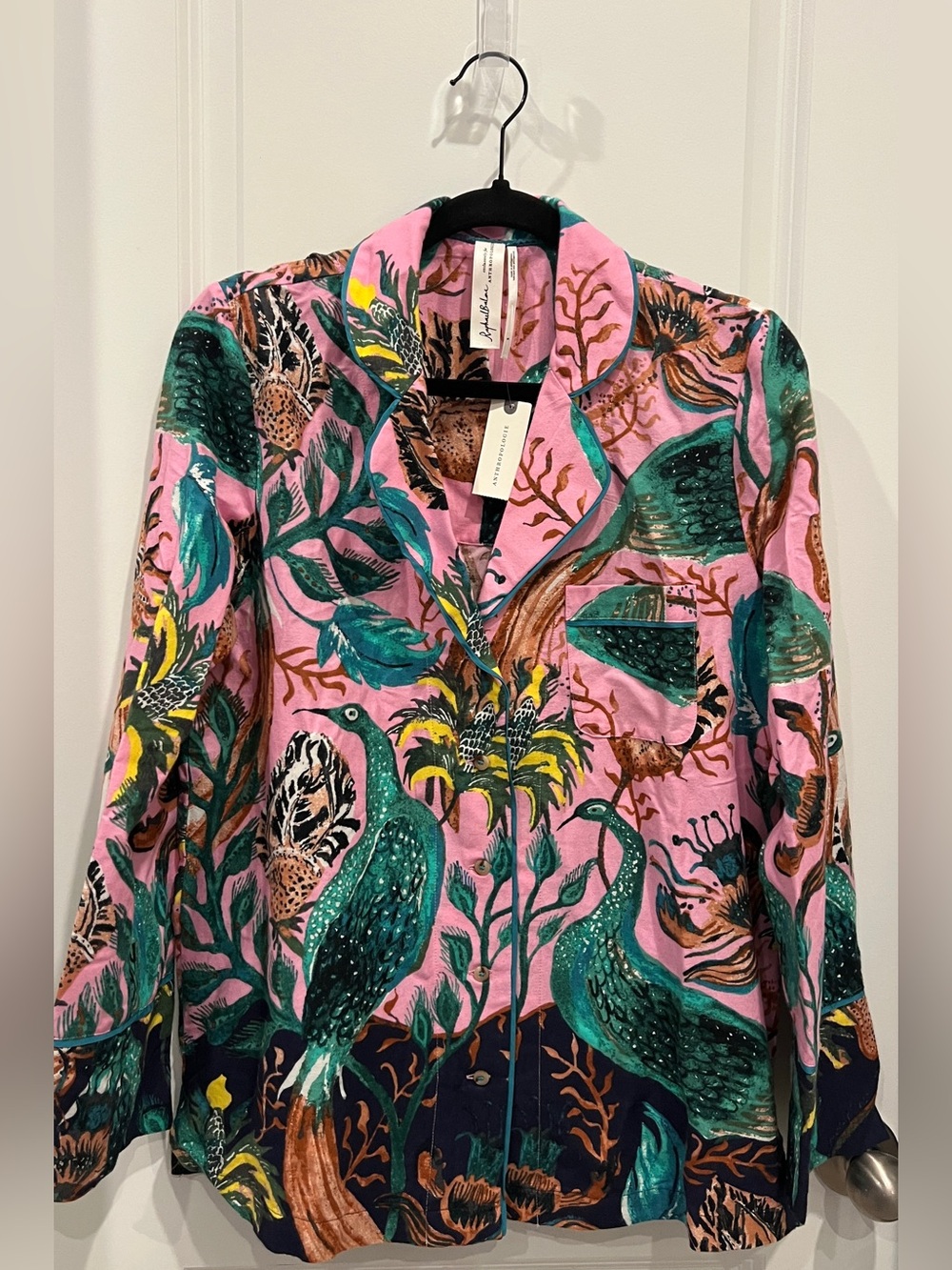 Anthropologie Pink Tropical Botanical Button-Front Pijama Top Size S peacock 🦚💗